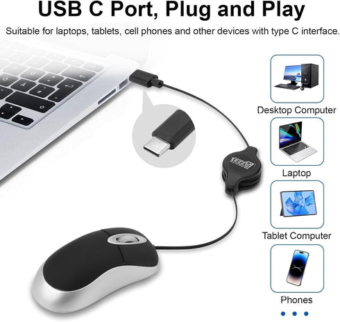 EEEKit 3-Button Mini Wired USB C Mouse, Retractable Corded Mouse Optical Computer Mice for Laptop PC MacBook iPad