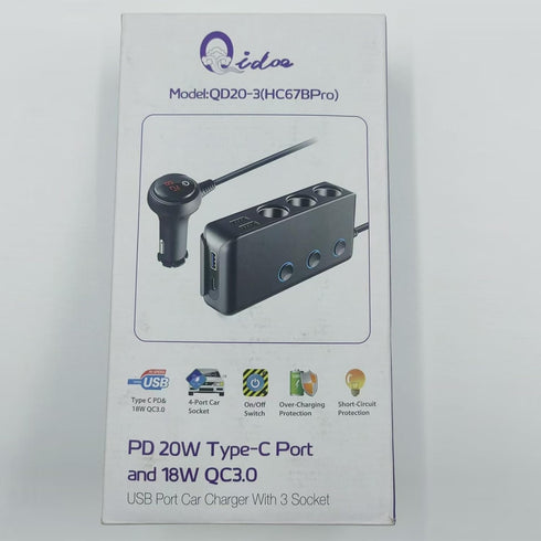 Qidoe 3 Socket Car Charger Splitter 200W, Cigarette Lighter Adapter with PD30W USB-C & QC3.0 Multi USB Car Charger