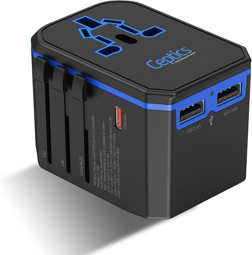 Ceptics Universal Travel Plug Adapter - 33W with PD & QC 3.0 USB-C Fast Charging, 2 USB Ports