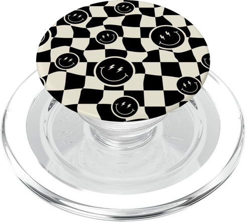 PopSockets PopGrip for MagSafe - Cute Retro Twisted Swirl Black Happy Smiling Face Checkered