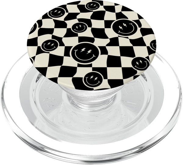 PopSockets PopGrip for MagSafe - Cute Retro Twisted Swirl Black Happy Smiling Face Checkered