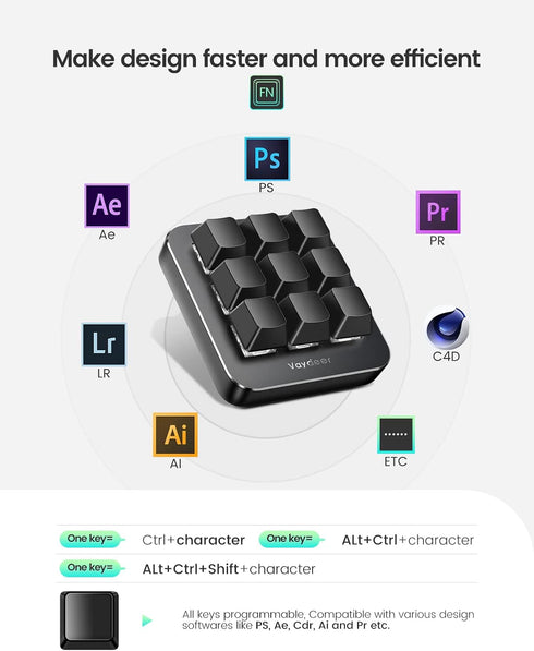 Vaydeer One-Handed Mechanical Keyboard with NKRO, Hotkeys, 9 Programmable Keys, Macro Keypad for iOS, Windows