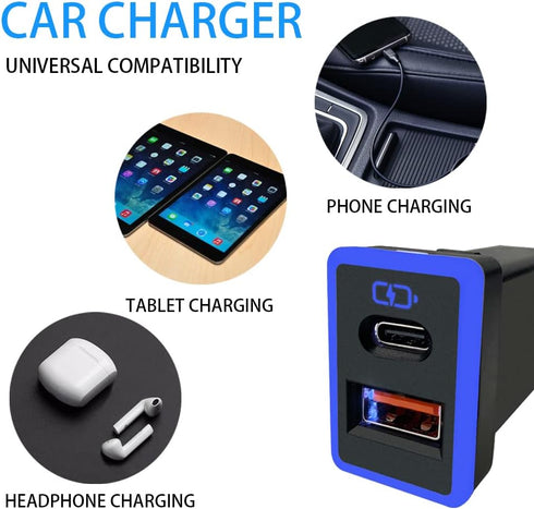 Car Charger PD QC3.0 Fast Charge Type C USB Port Socket with LED Light Show for Toyota (Blue-1.3x0.9inch)