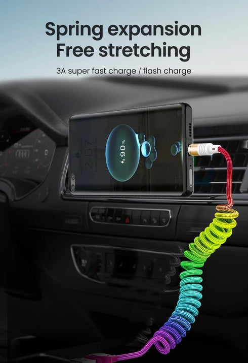 Rainbow Coiled Fast Charging Cable, USB C Spring Retractable Charger Cable for Car, 3FT Nylon Braided Type C Data