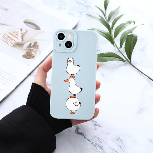 JOYLAND Cartoon Ducks Pattern Cell Phone Case for iPhone 14, Cute Kawaii Blue Silicone Gel, Full Body Protection, 6.1