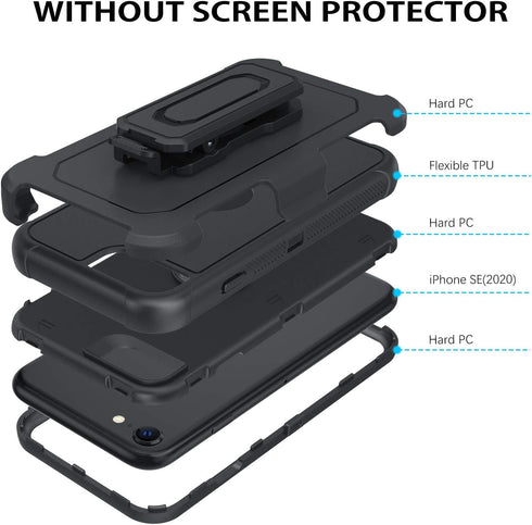 DUEDUE Case for iPhone SE 2022/2020, Military Grade Shockproof Heavy Duty Rugged Cover with Kickstand, Black