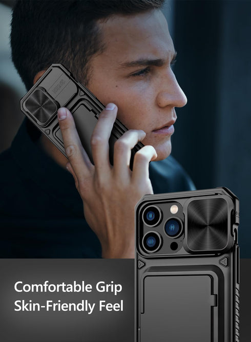Vihibii Wallet Case for iPhone 15 Pro Max, Black with Card Holder (4 Cards), Slide Camera Cover & Kickstand, Military
