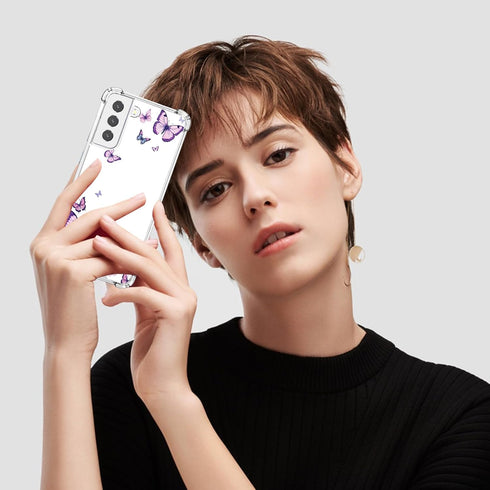 for Samsung Galaxy S21 FE Case, Alluring Purple Butterfly Pattern Slim Hard Cover, Shockproof Protective Women Phone -