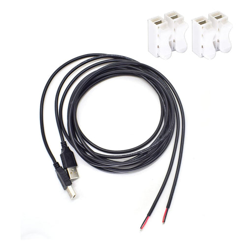 20AWG USB Pigtail Cable 2M/6.5FT, 2PCS USB 2.0 Male Plug, 5V 5A Black Wire with 2-Position Spring Connector.