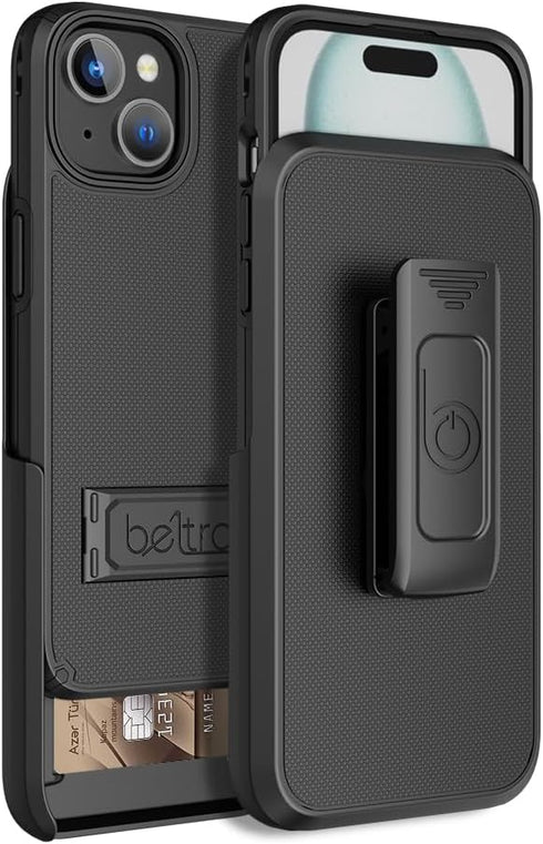 BELTRON Case Holster Combo for iPhone 15, Slim Protective Full Body Grip Case & Swivel Belt Clip with Kickstand