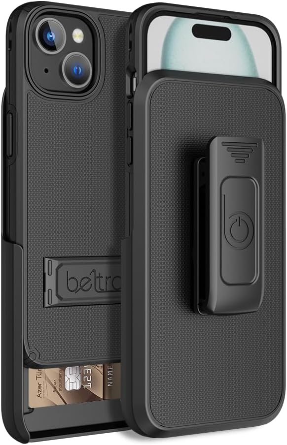 BELTRON Case Holster Combo for iPhone 15, Slim Protective Full Body Grip Case & Swivel Belt Clip with Kickstand