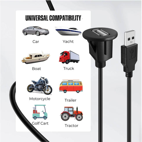 TNP USB Flush Mount Cable w/Buckle- Dashboard Panel Dash Mount 1 Port USB Socket Plug Jack Connector Extension Wire Cord Water Resistant Male to Female (1.8M / 6FT) by TNP Products