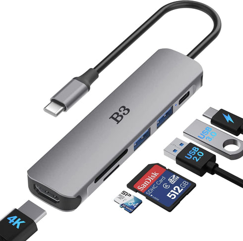 USB C to 4K HDMI Adapter for MacBook Pro Air, 6 in 1 USB-C Digital AV Multiport Dongle Adapter with USB3.0 & 2.0/SD/TF