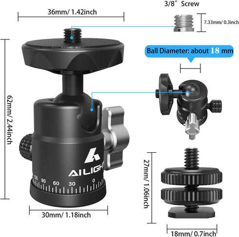 Mini Ball Head, 360° Rotatable Tripod Head with 1/4 3/8 Screw for DSLR Camera, Gopro, Smartphone Accessories