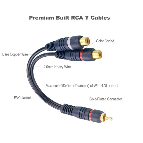 RCA Splitter, 2 Pcs RCA 1 Male to 2 Female Audio Cord Speaker Y Adapter Splitter Cable, 8.5 Inches Gold Plated Dual RCA Female Adapter for Subwoofer, Home Theater