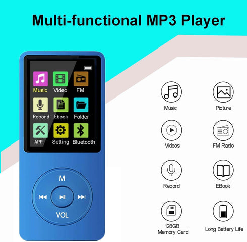 imkavery 128GB MP3 5.2, Player with Bluetooth Portable Blue Music Player for Kids with Built-in HD Speaker, FM Radio