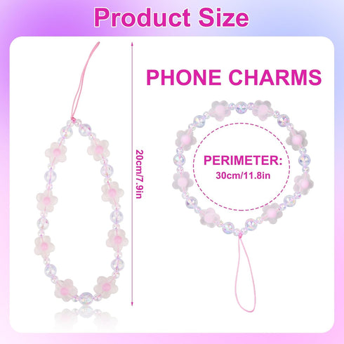 2pcs Beaded Phone Bracelet Strap, Crystal Butterfly Flower Pearl Lanyard for Women Phone Keychain Charm