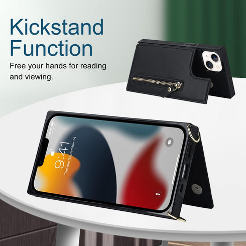 iPhone 13 Crossbody Phone Case - Black Leather Wallet with Card Holders, Adjustable Strap, Protective Design, 6.1 inch.