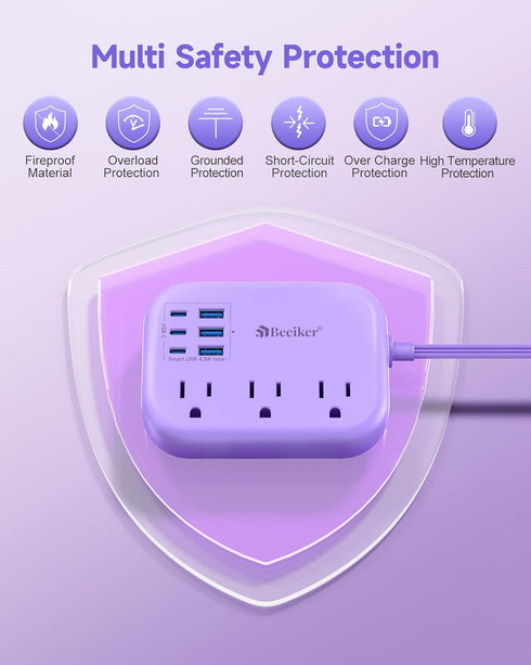 Beeiker 6 USB(3 5Ft 24W 3 USB C) Purple Travel Power Strip- Purple Extension Cord with USB Charging Station