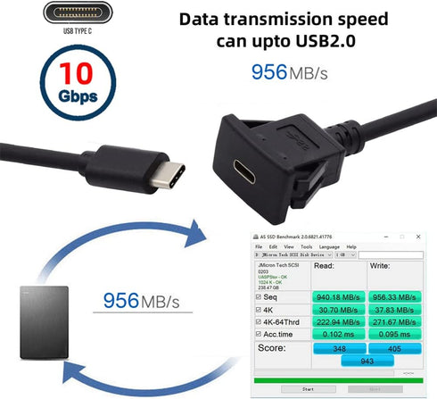 NFHK Waterproof Dustproof USB-C Type-C 10Gbps Extension Cable for Dashboard Panel, Flush Car Latch Mount