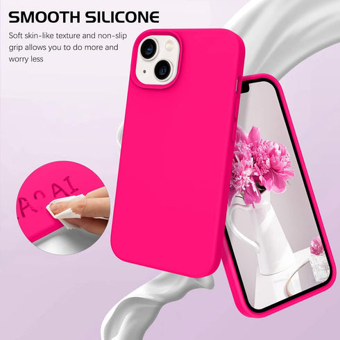 DOMAVER iPhone 13 Case - Hot Pink Silicone Soft Gel with Microfiber Lining for Cushion Protection.