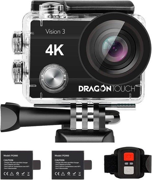Dragon Touch 4K Action Camera, 20MP Vision 3 Underwater Waterproof Camera with 170° Wide Angle & Remote