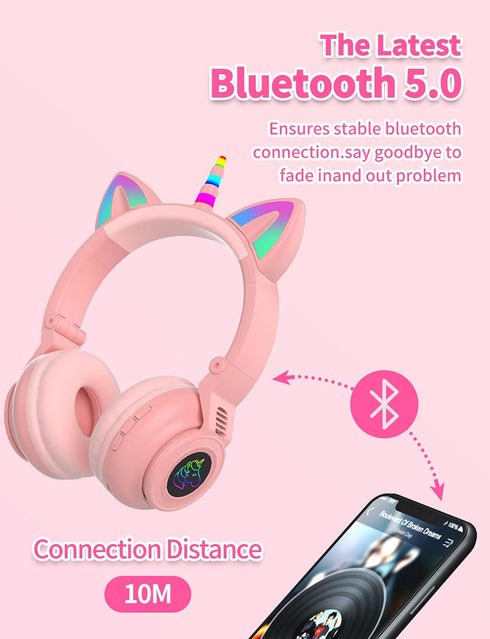 Unicorn Kids Headphones for girls,Unicorn Bluetooth headphones Foldable for Girls Toddlers Tablet/phones/amazon fire,Light Up kids wireless headphone Birthday Gifts (stn27 Pink)