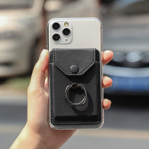 Ring Stand - Slim Leather Wallet Stick on Wallet for Cell Phone, Credit Card RFID Blocking Sleeve Black