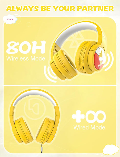 Kids Bluetooth Headphones, Wireless Headphones with Microphone, 74/85/94dB Volume Limited, 80H Playtime, Foldable Over Ear Headphones for School, Home, or Travel, Yellow