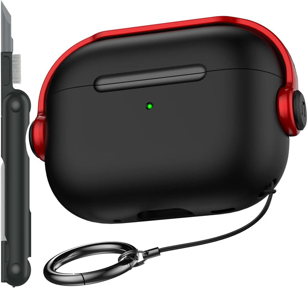 R-fun AirPods Pro Case with Secure Lock & Cleaning Kit, Protective Cover for AirPods Pro 2 (USB-C/Lightning), Black/Red