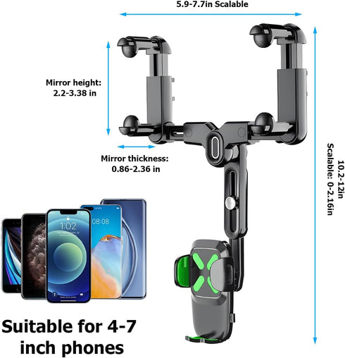 Car Rear View Mirror Phone Holder, 360° Rotatable&Retractable Auto Rearview Clip Mobile Mount Holder, Multifuctional GPS Holder with Anti-Shake Design, Universal for All Phone&Cars (Green) by BESULEN