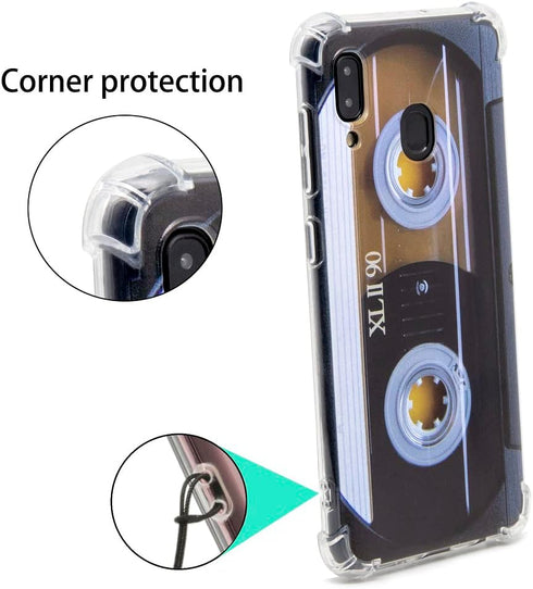 Case for Galaxy A20 with Reinforced Corners, TPU Soft Bumper Retro Music Cassette Tape Design