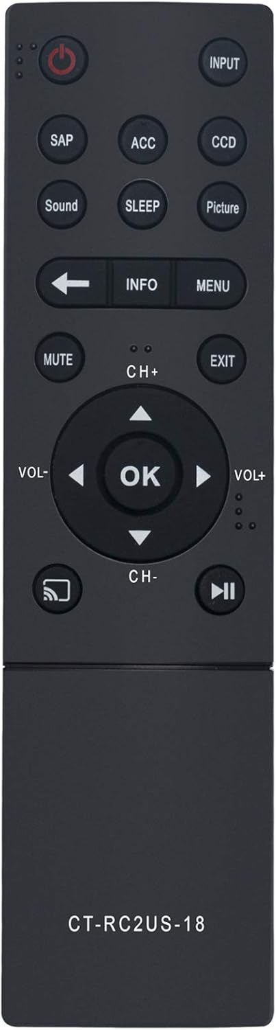CT-RC2US-18 Replacement Remote for Toshiba LED TV Models 0L711U18, 55L711U18, 50L711M18, 55L711M18, 43L511U18