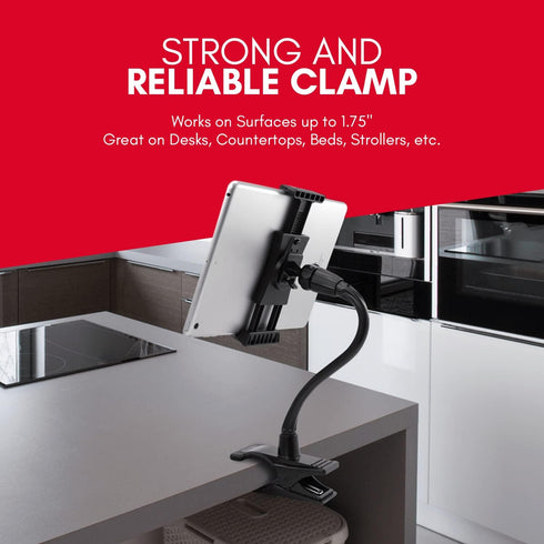Macally Adjustable Gooseneck Tablet Holder & Phone Clip for Phones & Tablets up to 8” - Black Clip On Clamp