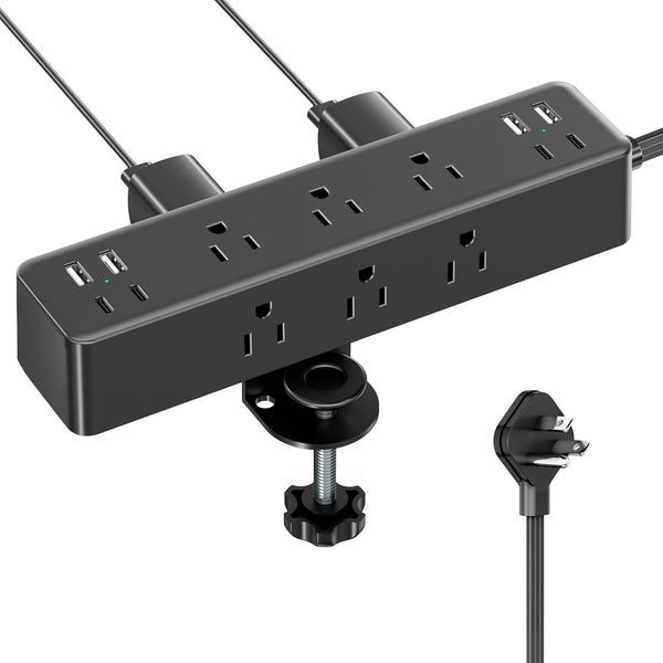 Acozvin Flat Plug Desk Clamp Power Strip 10FT, 24W Total Charging Station, Desk