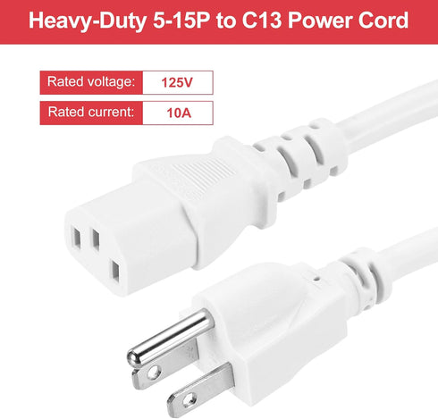 MECCANIXITY 1.5ft 18 18/3 C13 5-15P 10A 125V 3-Prong AWG White Universal Power Cord to NEMA Extension Power Cord