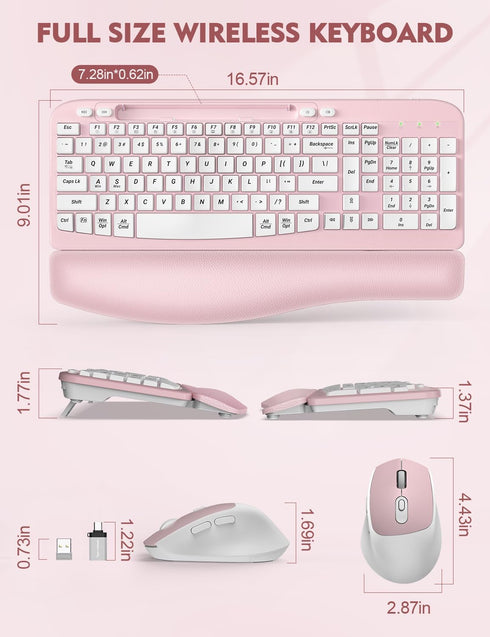 Wireless Keyboard and Mouse Combo, EAYBLLY Wave Keys Ergonomic Keyboard with Wrist Rest, 2.4GHz Set
