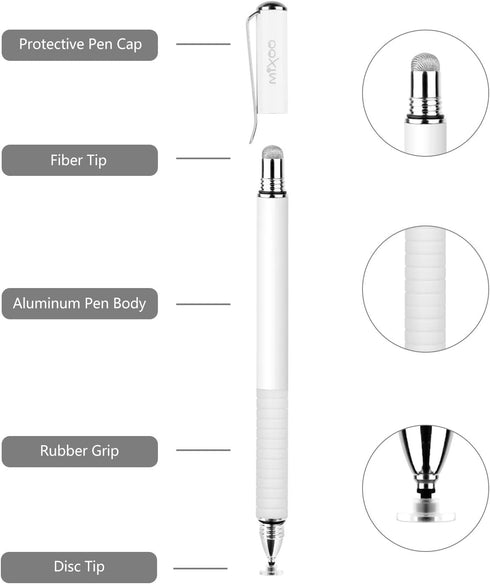 Mixoo Stylus Pens for Touch Screens - Disc & Fiber Tip 2 in 1 High Sensitivity Universal Stylus for iPad, iPhone, Tablets and Other Capacitive Touch Screens (White)