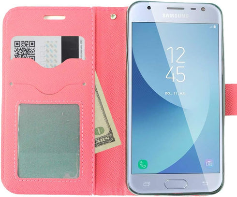 Image Flip Wallet Case + Tempered Glass Screen Protector for Samsung Galaxy J7 (2018), J7 Refine, J7 Star, J7V 2nd Gen.