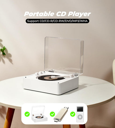 Vangoa 3.5mm CD Player for Home Small with HiFi Speakers, Portable Rechargeable CD Player Double Headphones Jack