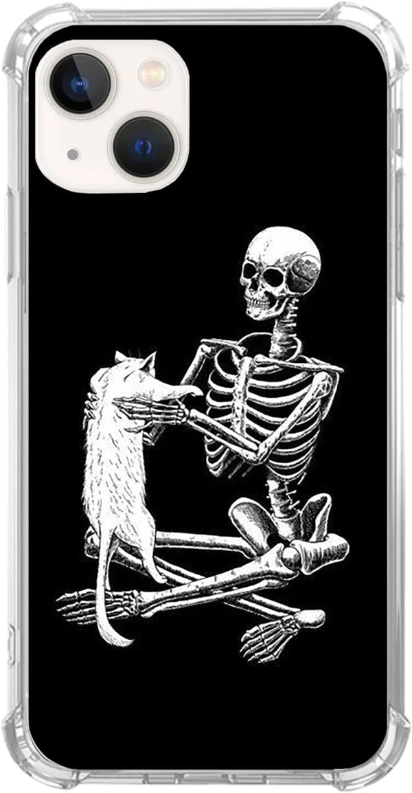 Black Skull White Cat Phone Case for iPhone 14, Unique Trendy TPU Bumper Cover for Girls Boys Women Men