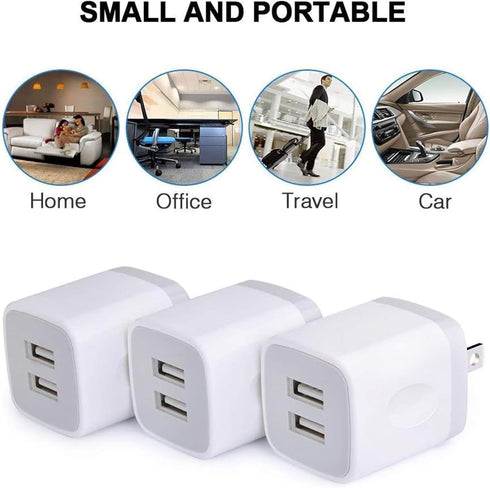 FiveBox USB Wall Charger Block, 3-Pack Dual Port 2.1Amp Fast Charging Cube for iPhone, iPad, Samsung