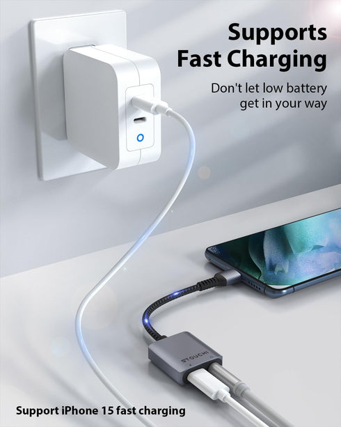 Stouchi USB C to 3.5mm Headphone and Charger Adapter, 2 in 1 iPhone 15 USB C to Aux Audio Jack with 30W Fast Charging, Hi-Fi Dongle Compatible with Pixel 8/7/6, iPad, Samsung Galaxy S22 S21 Note 20
