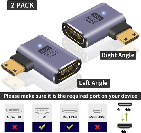 Poyiccot Mini HDMI to HDMI Adapter 8K, 90 Degree Mini-HDMI 2.1 Converter with 48Gbps Compatibility
