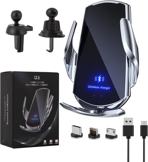 Wireless Car Charger Phone Holder Mount, 15W Fast Charging Auto Clamping for All Android Smartphones (Silver)