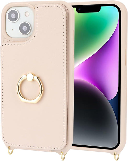iPhone 14 Case with Card Holder for Women, Phone Case with Strap, Crossbody Lanyard, Ring Stand, Snap Clasp, Cute