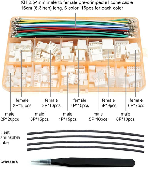 XH 2.54mm Connector Kit - JST XH Compatible 2.5mm Pitch Male Female Connector Sockets Plugs and 22AWG Pre-Crimped Silicone Cables Wire 2 3 4 5 6 Pin Housing by elechawk