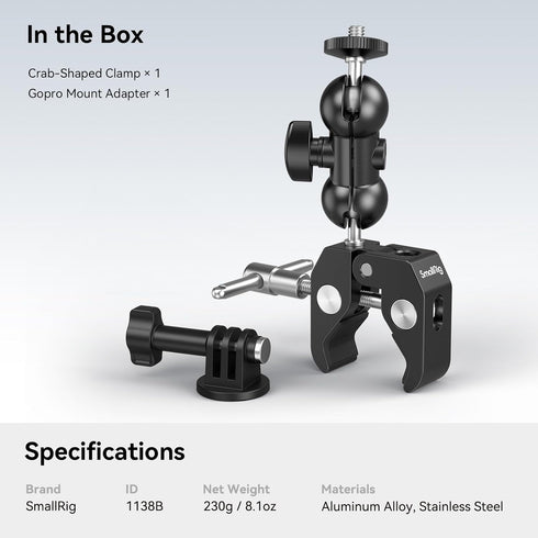 SMALLRIG Super Camera Clamp Mount, Double Ball Head Magic Arm Adapter for Monitor/Light/Camera, for Insta360