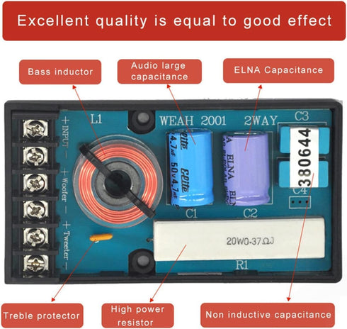 WEAH-2001 2 Way Crossover for Speaker - 2pcs Speaker Frequency Divider for Car Audio Speakers, Crossover Filter