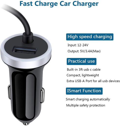 Fast Car Charger for Samsung Galaxy S24 S23 S22 S21 S20 Note 20 S10 S9 S8 A54 A14 A53 A23 A13 A03S Z Fold 5 4 Z Flip 5 4 A12 A32, 3.4A USB C Car Adapter with Built-in 3ft Type C Fast Charging Cable